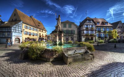 alsace, fountain, old square, france