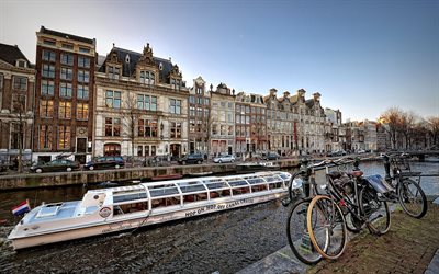 passeio, barco de recreio, bicicletas, canal, amsterdã