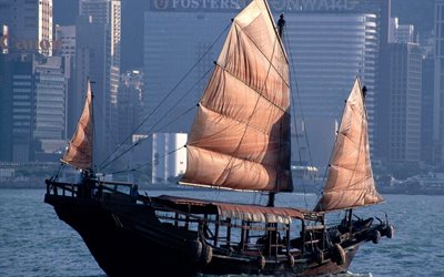 segeln, chinesischen dschunke, schiff, hong kong