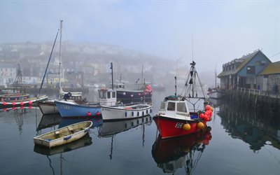 morning, fog, boats, cornwall, england