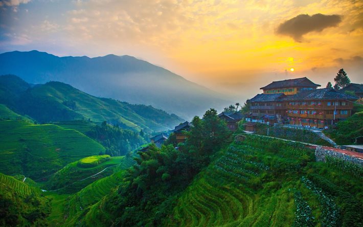 सूर्यास्त, गांव, दिन, पहाड़ों, चीन