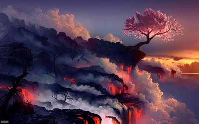 rock, hot lava, tree