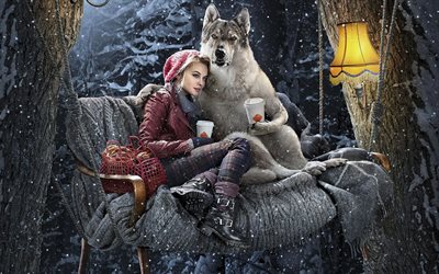 café, canapé-swing, forêt d'hiver