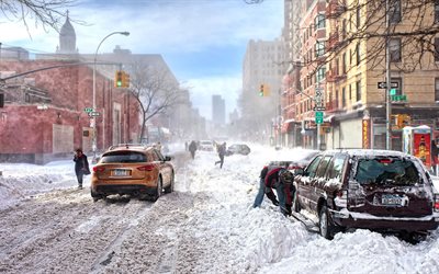 車, 雪, 通り, 冬の日, ニューヨーク