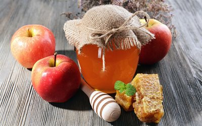 bank von honig, äpfel, apfel-stillleben