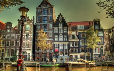 kanal, båtar, strandpromenad, amsterdam, nederländerna