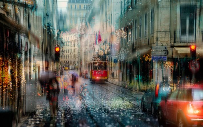 lisbon, tram, street, the rain, portugal