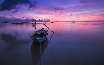 púrpura amanecer, en barco, en el lago, paisaje