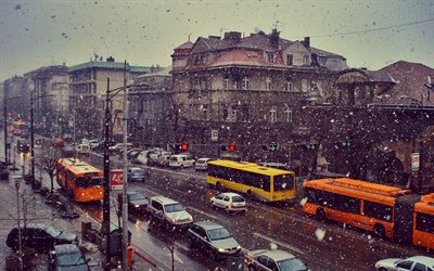 transport, den första snön, gata, belgrad