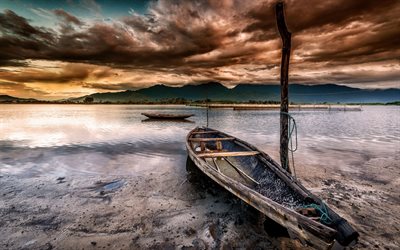 barca da pesca, fiume, tramonto, vietnam