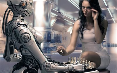 robot, chica, blanco para jugar, ajedrez