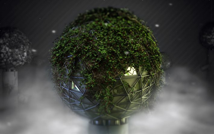 esfera, folhas, criativo, fumaça
