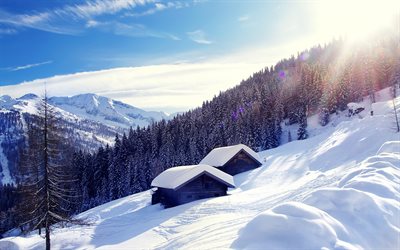 Alps, mountains, winter, snow, hut, Austria