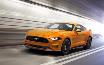 El Ford Mustang GT, el desenfoque de movimiento, 2018 coches, supercars, amarillo Mustang, Ford