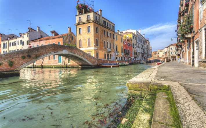 Venezia, 4k, ponte, estate, case, canale, Italia