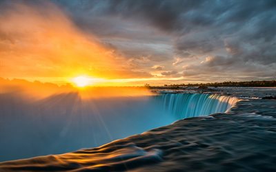 Niagara Falls, river, sky, bright sun, sunset