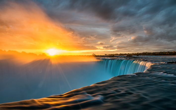 Niagara Falls, nehir, gökyüzü, parlak güneş, Gün batımı