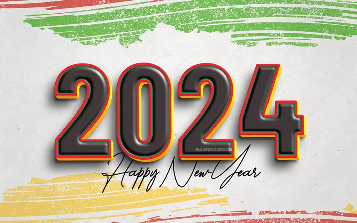 2024 gott nytt år, 4k, svart 3d  siffror, 2024 vit bakgrund, 2024 koncept, retrostil, 2024 gyllene siffror, juldekorationer, gott nytt år 2024, kreativ, 2024 år, god jul