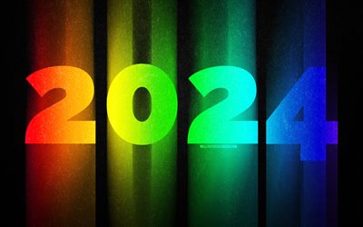 2024 mutlu yıllar, 4k, gökkuşağı rakamları, 2024 siyah arka plan, 2024 kavramlar, 2024 gökkuşağı rakamları, mutlu yıllar 2024, yaratıcı, 2024 yıl