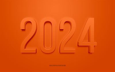 2024 새해 복 많이 받으세요, 오렌지 배경, 2024 인사말 카드, 새해 복 많이 받으세요, 오렌지 2024 배경, 2024 개념