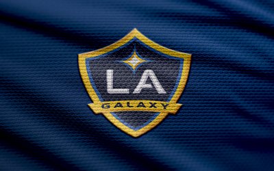 Los Angeles Galaxy fabric logo, 4k, blue fabric background, MLS, bokeh, soccer, Los Angeles Galaxy logo, football, Los Angeles Galaxy emblem, Los Angeles Galaxy, american soccer club, Los Angeles Galaxy FC