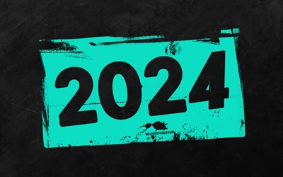 4k, 2024 Happy New Year, turquoise grunge digits, gray stone background, 2024 concepts, 2024 abstract digits, Happy New Year 2024, grunge art, 2024 turquoise background, 2024 year