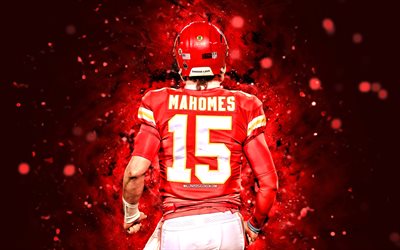 4k, Patrick Mahomes, back view, red neon lights, Kansas City Chiefs, NFL, american football, Patrick Mahomes 4K, red abstract background, KC Chiefs, Patrick Mahomes Kansas City Chiefs