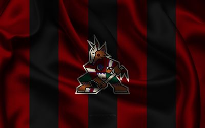 4k, logo arizona coyotes, tessuto di seta bordeaux nero, team di hockey americana, emblema dell'arizona coyotes, nhl, arizona coyotes, stati uniti d'america, hockey, flag arizona coyotes