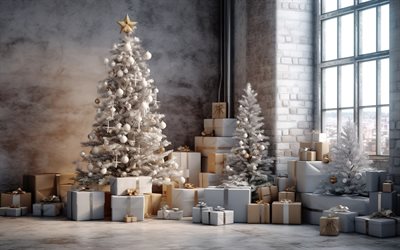 feliz año nuevo, árbol de navidad blanco, interior de navidad, plantilla de tarjeta de año nuevo, feliz navidad