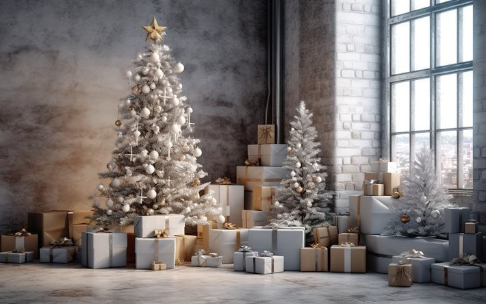 あけましておめでとう, 白いクリスマスツリー, クリスマスのインテリア, 新年のカードテンプレート, メリークリスマス