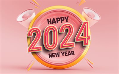4k, 2024 hyvää uutta vuotta, 3d  kellot, vaaleanpunainen 3d  numero, 2024 3d  numerot, 2024 vuosi, taideteos, 2024 käsitteet, 2024 vaaleanpunainen numero, hyvää uutta vuotta 2024, luova, 2024 vaaleanpunainen tausta