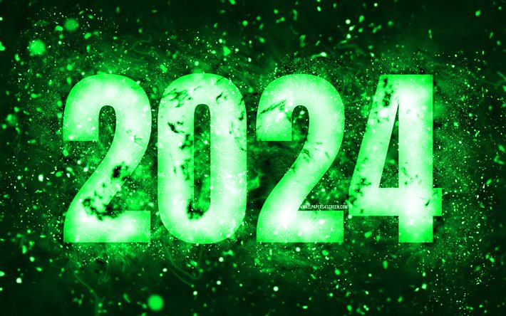 4k, mutlu yıllar 2024, yeşil neon işıklar, 2024 kavramlar, 2024 mutlu yıllar, neon sanatı, yaratıcı, 2024 yeşil arka plan, 2024 yıl, 2024 yeşil basamak