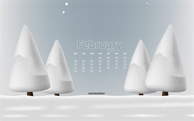 calendario di febbraio 2024, 4k, paesaggio invernale, nevicare, febbraio, concetti invernali, 2024 concetti, alberi di natale 3d