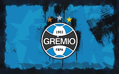 شعار gremio grunge, 4k, دوري الدراسية البرازيلية, خلفية الجرونج الأزرق, كرة القدم, شعار gremio, gremio fbpa, جريميو, نادي كرة القدم البرازيلي, gremio fc