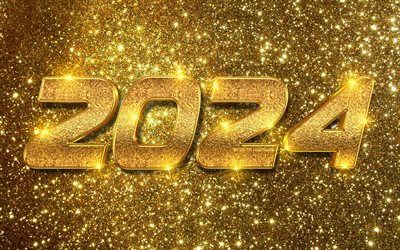 Happy New Year 2024, 4k, golden glitter digits, 2024 concepts, 2024 golden digits, 2024 Happy New Year, creative, 2024 glitter background, 2024 year