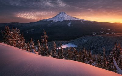 paesaggio invernale, montagne, tramonto, sera, nevicare, lago di montagna, foresta, nord america