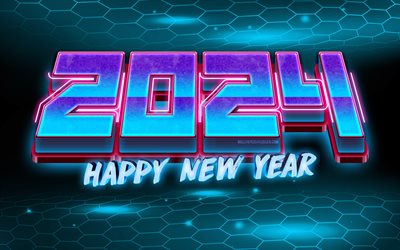 4k, 2024 Happy New Year, digital art, 3D neon digits, 2024 abstract digits, technology, 2024 year, artwork, 2024 concepts, 2024 neon digits, Happy New Year 2024, creative, 2024 blue background