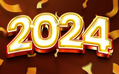 2024 feliz ano novo, 4k, dígitos 3d dourados, 2024 fundo marrom, 2024 conceitos, confete, 2024 dígitos de ouro, decorações de natal, feliz ano novo 2024, criativo, 2024 anos