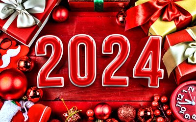 2024 bonne année, 4k, chiffres 3d rouges, 2024 contexte rouge, 2024 concepts, coffres cadeaux, 2024 chiffres rouges, décorations de noël, bonne année 2024, créatif, 2024 ans