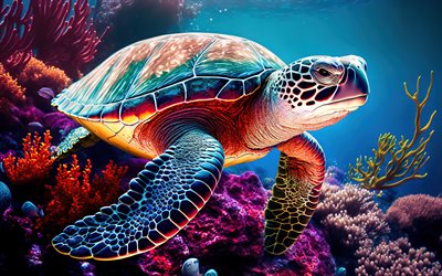 sarjakuva kilpikonna, 4k, vedenalainen maailma, villieläimet, 3d  taide, koralliriutta, kilpikonna vedenalainen, kilpikonnat, sarjakuvaeläimet