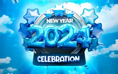 2024 Happy New Year, blue realistic balloons, 4k, creative, 2024 concepts, 2024 balloons digits, 2024 3D digits, Happy New Year 2024, 2024 blue background, 2024 year