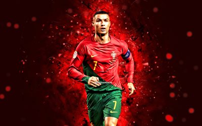 4k, Cristiano Ronaldo, CR7, red neon lights, Portugal National Football Team, soccer, footballers, red abstract background, Portuguese football team, Cristiano Ronaldo 4K