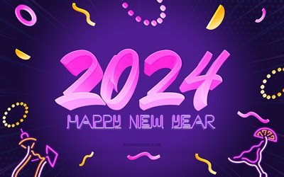 2024 Happy New Year, purple background, 2024 3D background, 2024 concepts, Happy New Year 2024, 2024 art, 2024 greeting card