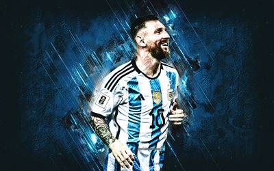 lionel messi, argentinien national football team, argentinischer fußballspieler, weltfußballstar, blauer steinhintergrund, argentinien, fußball, leo messi
