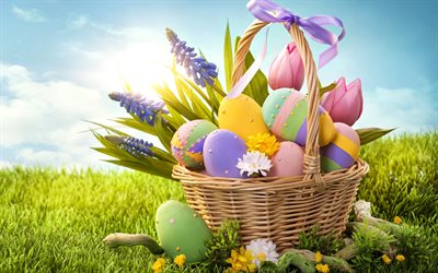 La pascua, cesta de Pascua, huevos de Pascua, primavera