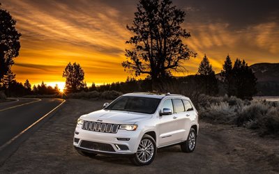 Vus, 2016, Jeep Grand Cherokee, route, coucher de soleil, Jeep blanche