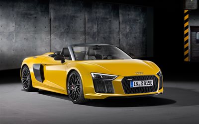 supercars, aparcamiento, 2017, Audi R8 Spyder roadster, amarillo Audi