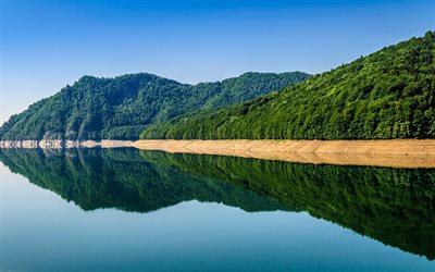 lago, montagna, estate, blu, cielo, Romania, Montagne di Fagaras, lago Vidraru Fiume Arges