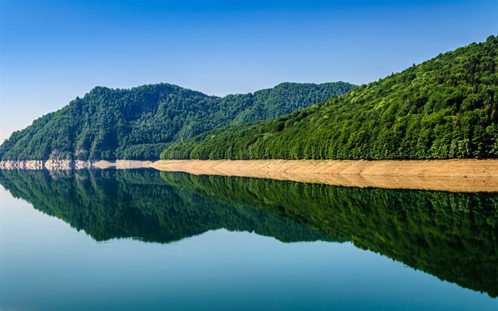 göl, dağlar, yaz, Mavi Gökyüzü, Romanya, Fagaras Dağları, lake Vidraru Arges River