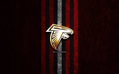 atlanta falcons logotipo dourado, 4k, pedra vermelha de fundo, nfl, time de futebol americano, atlanta falcons logotipo, futebol americano, atlanta falcons